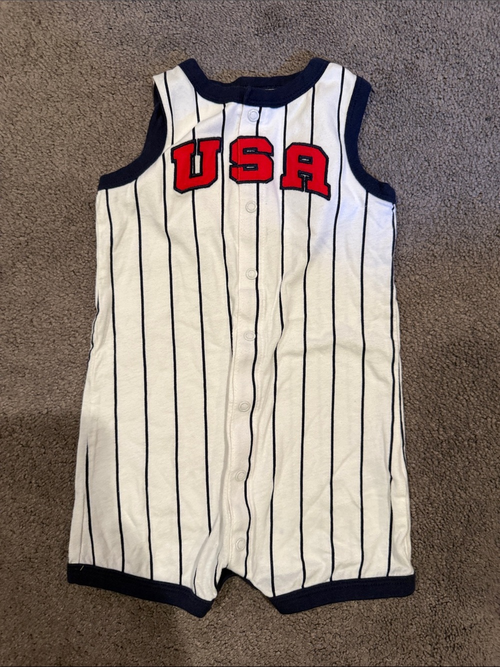 Carter's Navy Trim Striped Baby Romper with Red Lettering